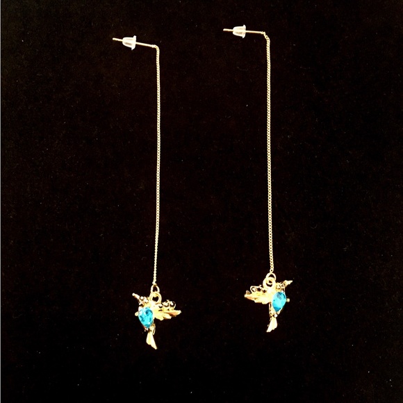 Hummingbird Blue Stone Gold Tone Long Dangle Earrings - Picture 5 of 7